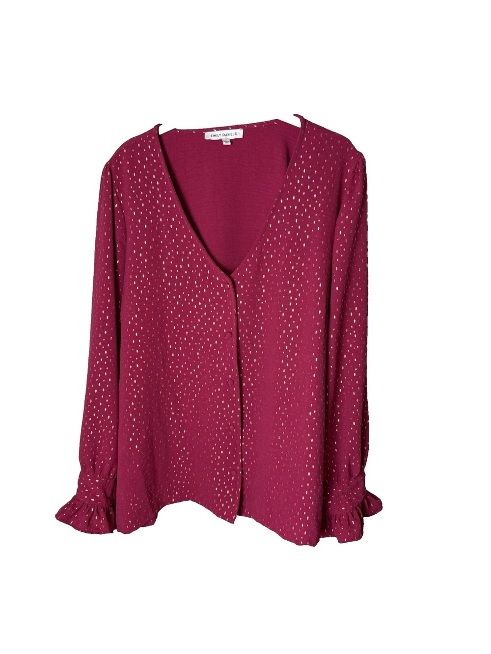 Emily Daniels Blouse Size Large Top Long Sleeves V-Neck Fuchsia Gold Button Up